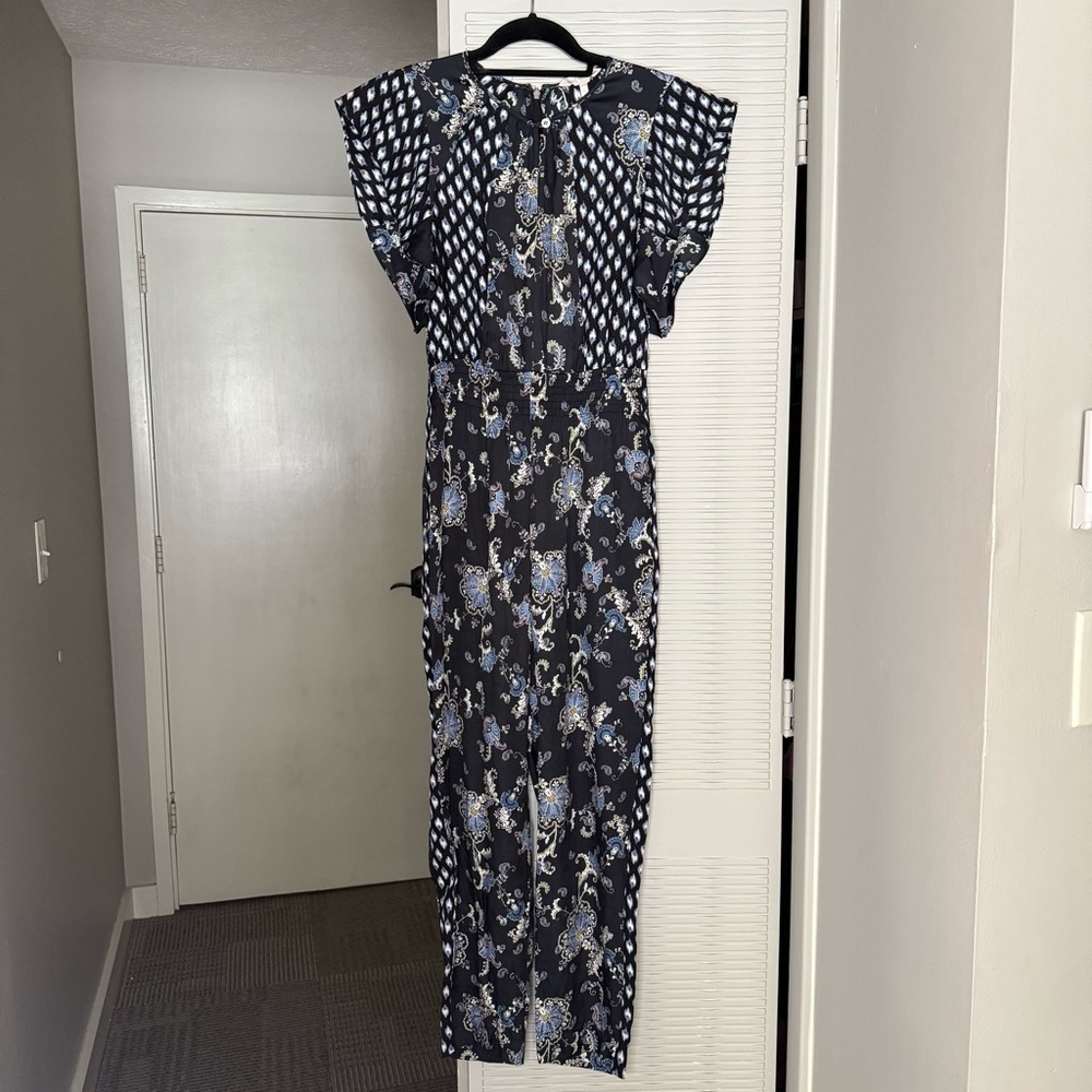 Rebecca Taylor Black Blue Floral Paisley Ruffle Jumpsuit Pockets